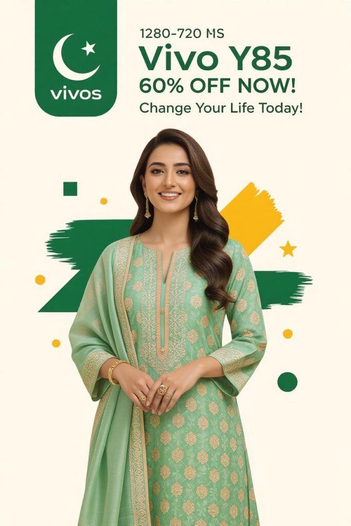 Pakistani person in cultural dress (shalwar kameez) with Vivo Y85 Combo Deal. Bold clickbait: 'Vivo Y85 60% Off NOW!' Hook: 'Change Your Life Today!' Clean background with subtle flag colors.