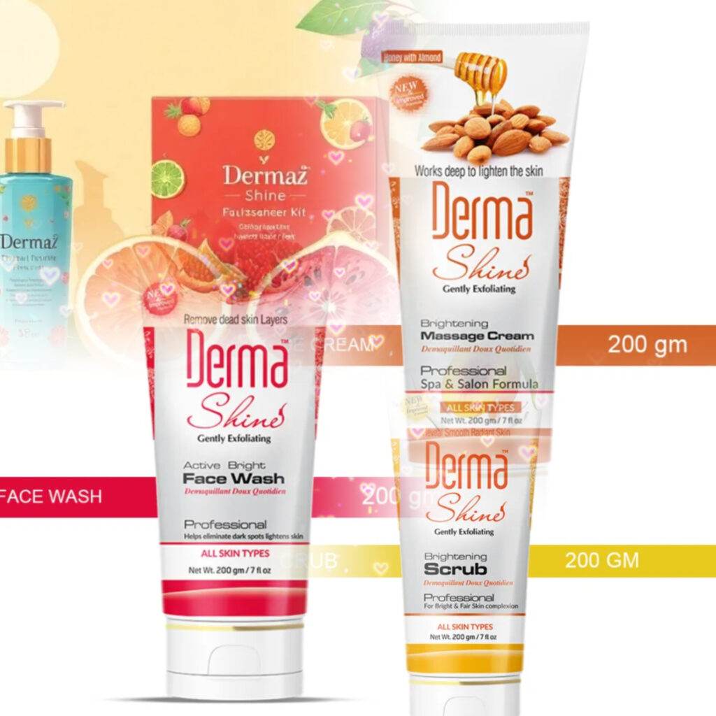 "Derma Shine Fruit Facial Kit 200ml x 6 tubes neatly arranged with fresh fruit props"