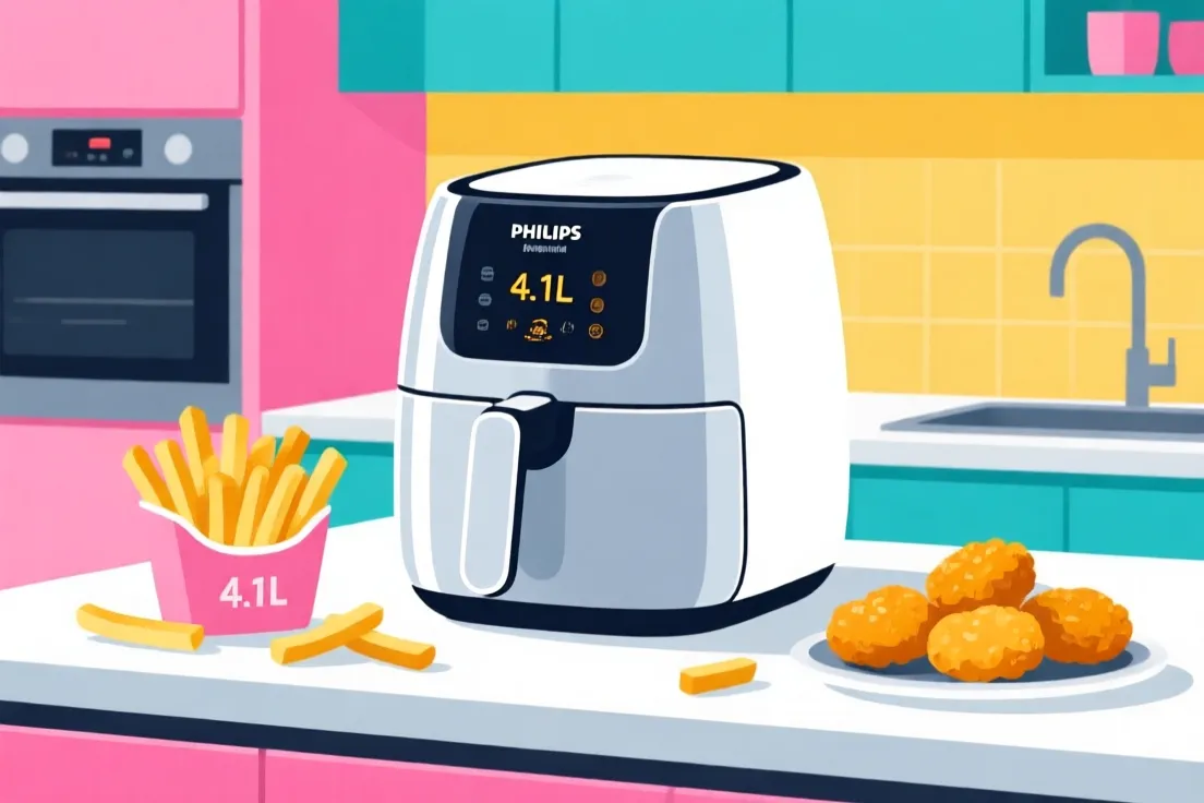 philips essential air fryer 4.1l on counter with fries title: Philips Essential Air Fryer Product Illustration