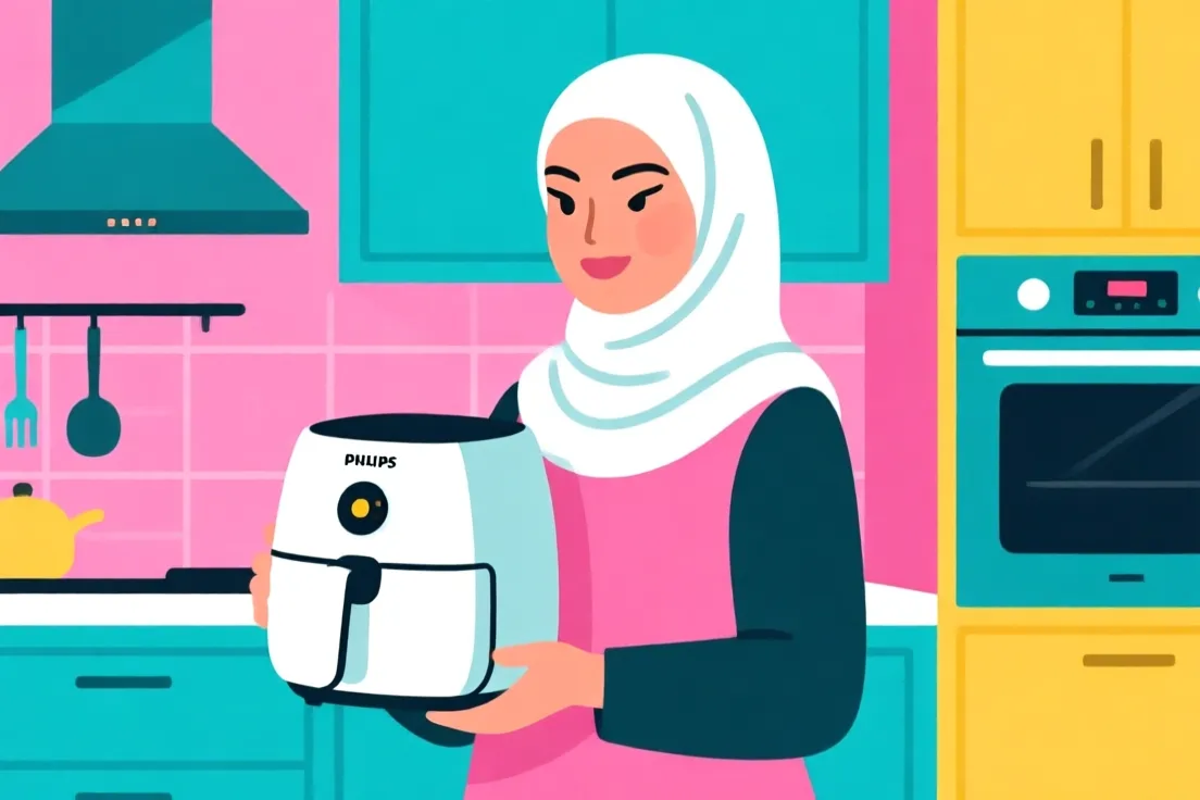 muslim gen-z woman cooking with philips air fryer