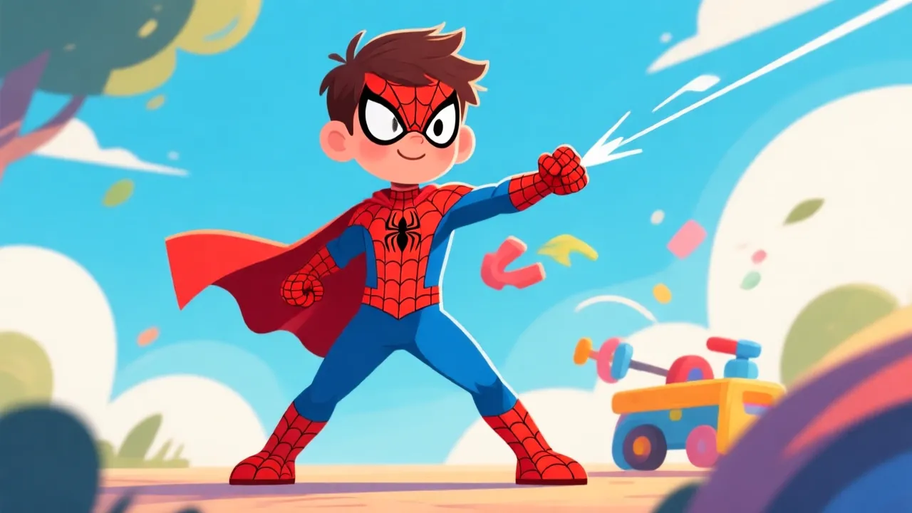 Parent helping a young child put on a Spiderman costume, guiding arms into sleeves."